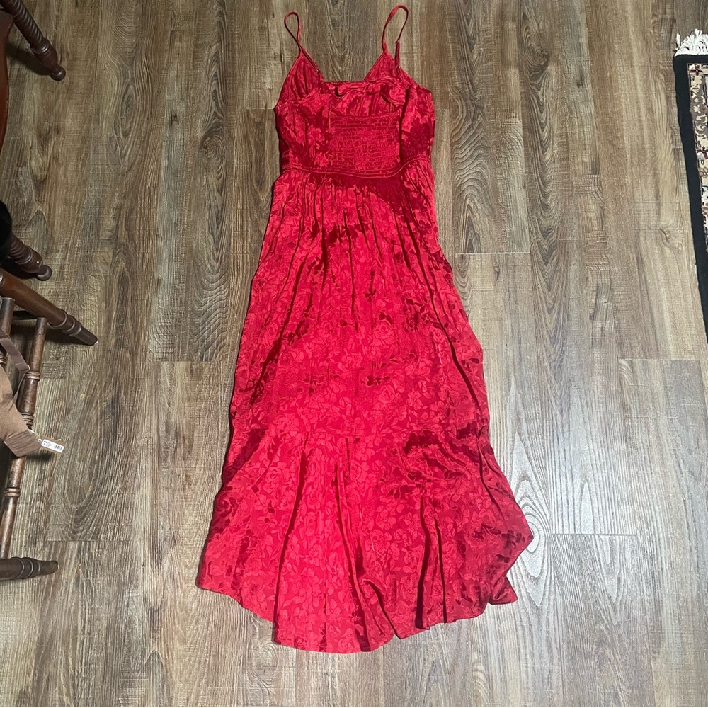 Band of the Free Red Floral Jacquard Maxi Dress Sleeveless High-Low Tie Back S - Picture 6 of 10